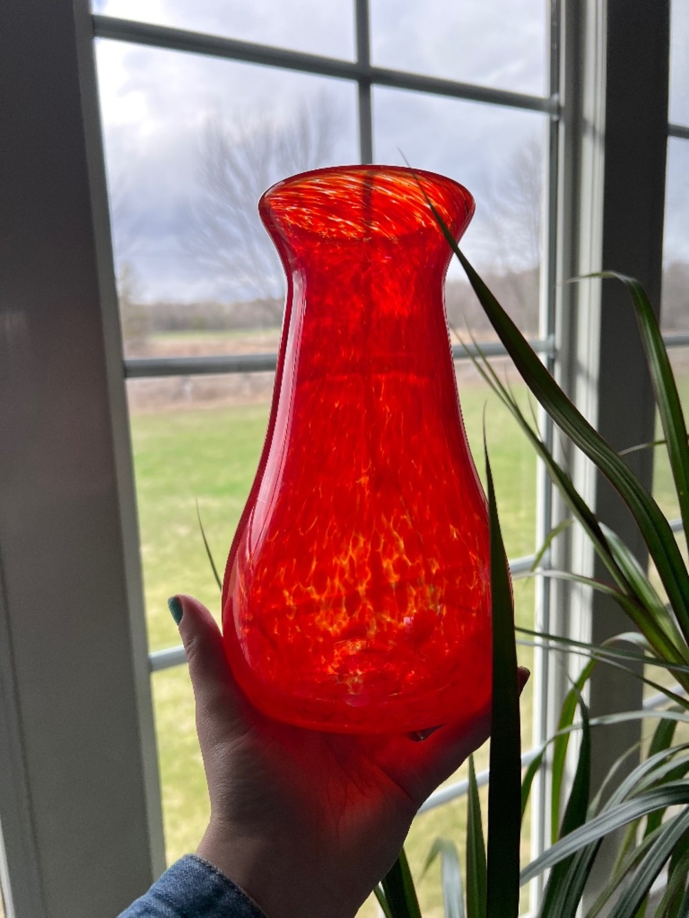 Hand Blown Red Art Glass Vase Murano Style 8” Tall - Bubble Swirl Speckle Design